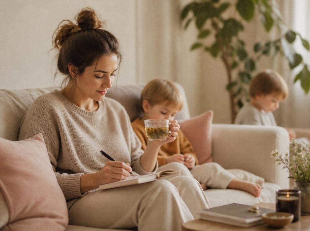 Parent écrivant dans un carnet avec ses enfants sur le canapé