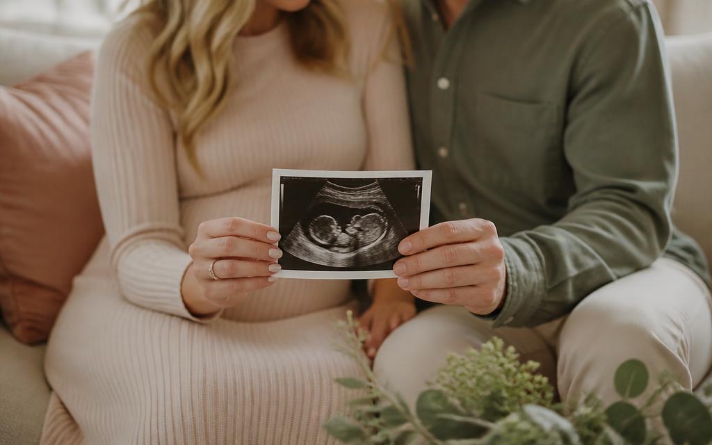 Couple regardant ensemble une photo d'échographie posée sur leurs mains