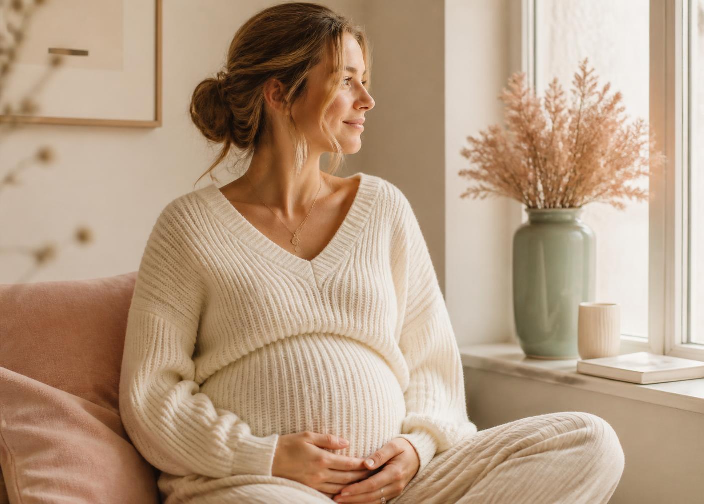 Future maman assise près d'une fenêtre, dans une lumière douce
